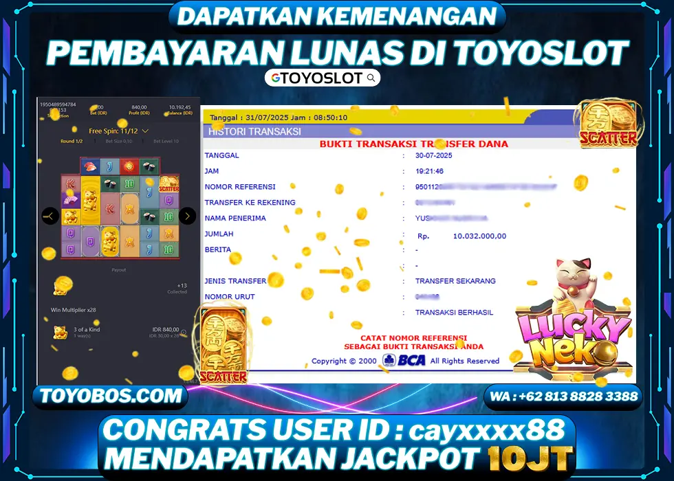 TOYOSLOT - BUKTI KEMENANGAN Lucky Neko Rp10,000,000,- LUNAS